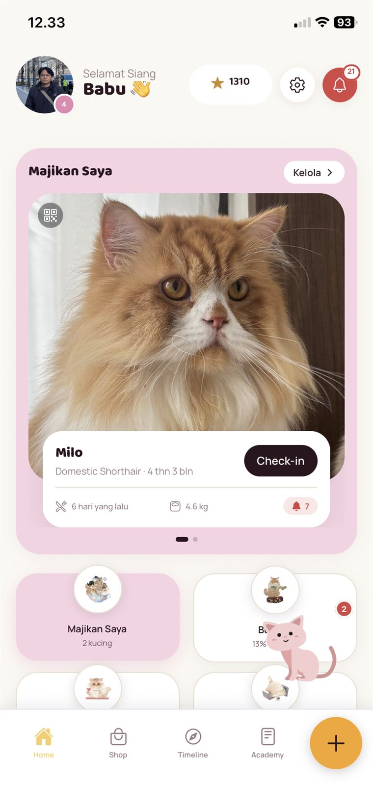 Tampilan Home PawrenThink dengan profil kucing Milo dan check-in harian