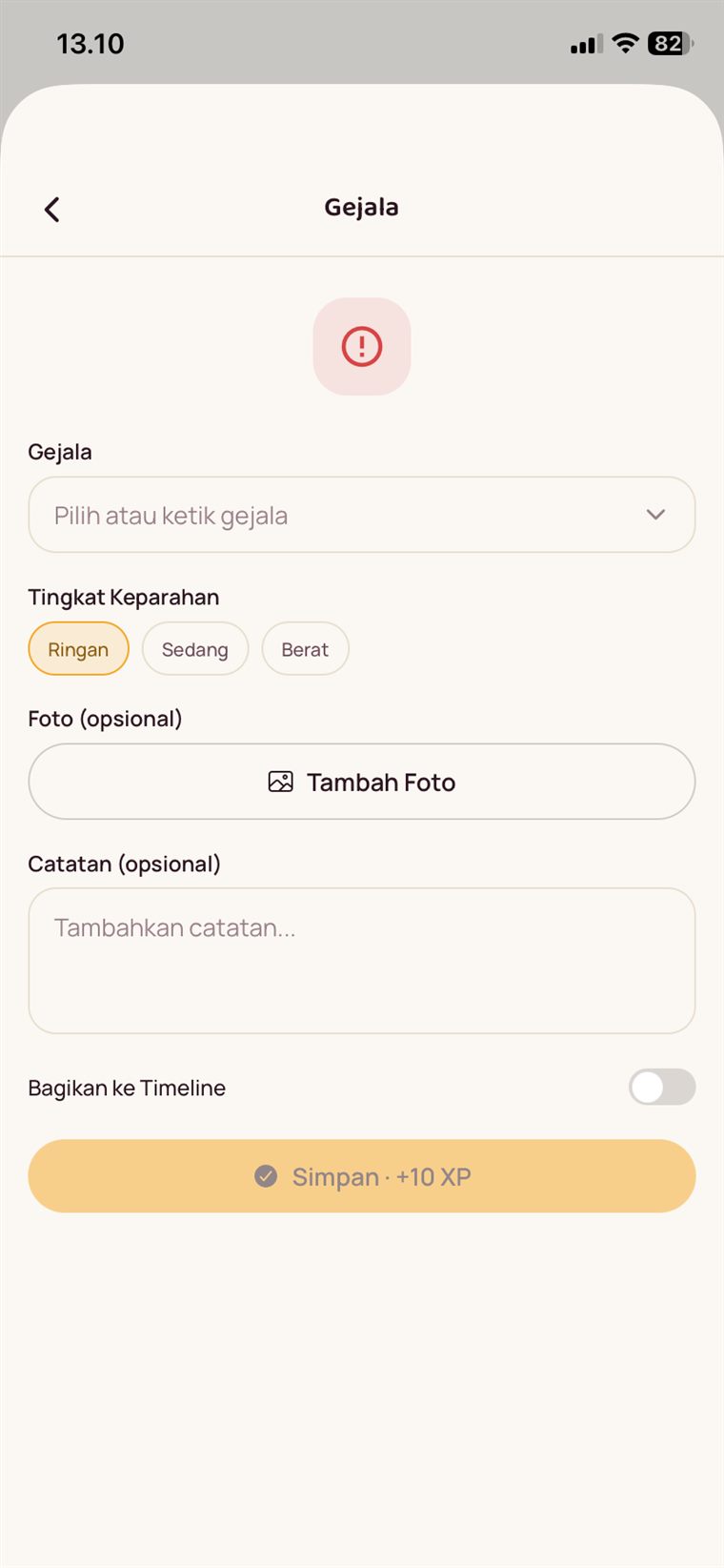 Tampilan form catat gejala PawrenThink dengan tingkat keparahan