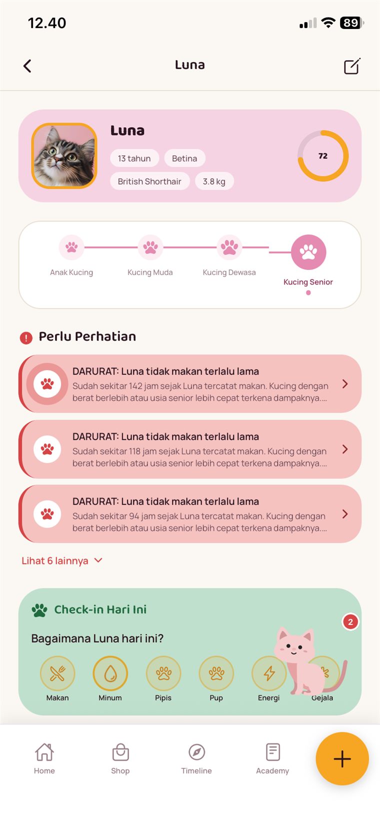 Tampilan Skor Kesehatan PawrenThink untuk kucing Luna